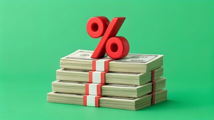 Interest Rate Impact – Finance, Monetary Growth, Percentage, Abstract, Conceptual, Green Background, Money Stack