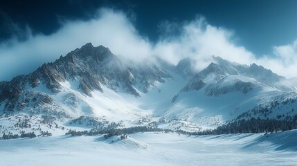 Majestic snow covered mountains stand tall under a dramatic cloudy sky, creating a beautiful serene winter landscape scene with vast snowy fields.