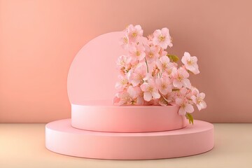 Pastel pink double-tiered cylindrical display stand adorned with a delicate cluster of light pink cherry blossoms against a muted pink backdrop