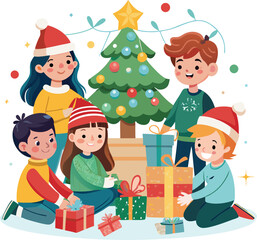 Christmas Morning Scene Kids Opening Gifts with Animals Holiday Joy and Family