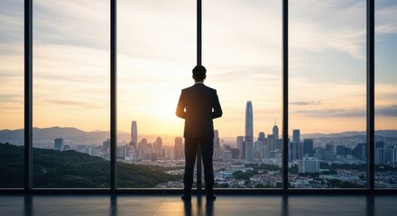 Businessman looking at the city skyline through a large office window