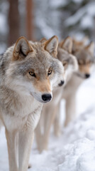Obraz premium Focused ai tracking of wolf pack animal movement through cold winter forest. alpha intense gaze leads line in deep snow