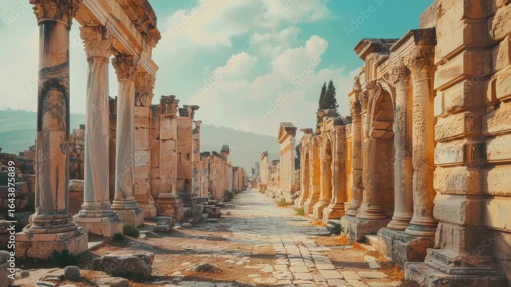 Poster a row of stone pillars and columns line the street, creating a beautiful architectural feature