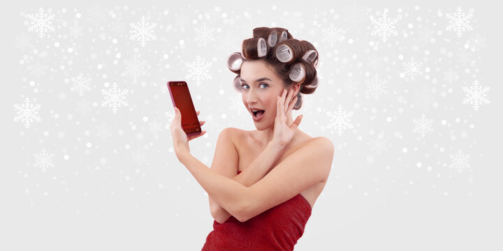 Happy Christmas Woman with Smartphone. Advertising Banner for Holiday Shopping and Festive Gifts Ideas