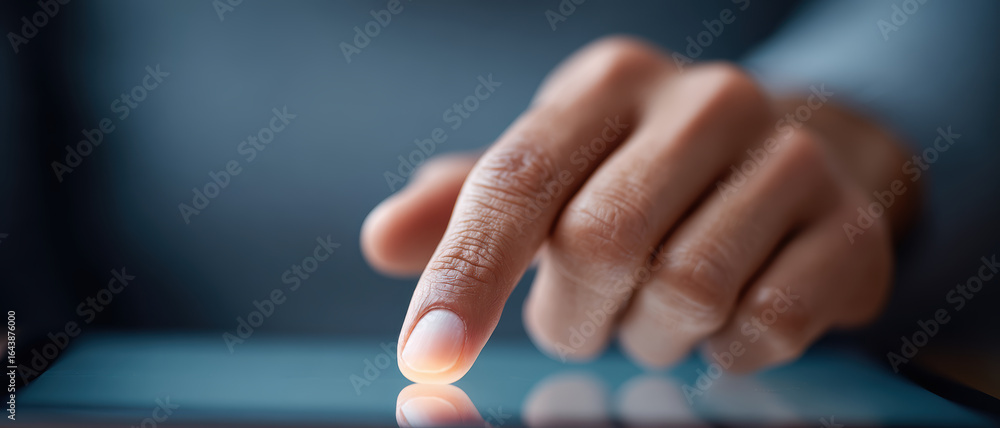 Poster person finger touching tablet screen for secure digital e signature. focused business concept with m