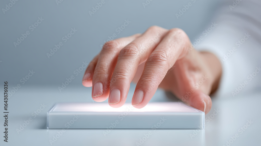 Poster focused female hand ready to touch glowing pad for e signature authentication. this technology conce