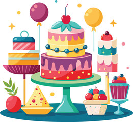 Festive Cake and Dessert Table Illustration with White Background and Dog Element