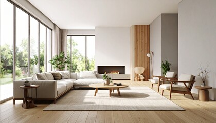 Modern Living Room Minimalist Design with Neutral Colors and Fireplace