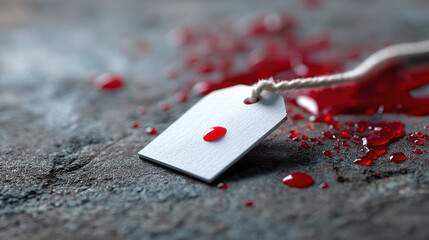 Crime scene investigators follow evidence based procedures. serious and grim atmosphere with tag and blood splatter on concrete floor