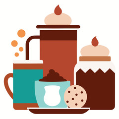 Cozy Hot Cocoa Bar Scene with Mugs Toppings and Jars Illustration