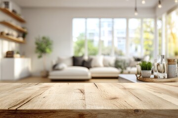 Light wood tabletop in focus, blurring into a bright, minimalist living room with white sofa, shelves, and large windows
