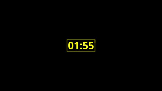 2 minute timer countdown animation, countdown timer. Two minute animation from 120 seconds to 0 seconds countdown. Yellow color Two minute countdown timer on black background.. 