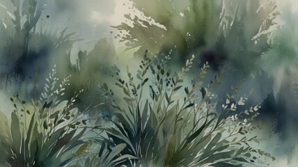 Serene Watercolor Botanical Background in Gentle Green and Blue Hues