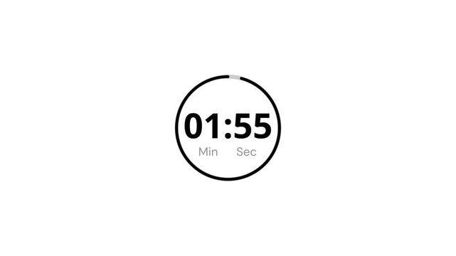2 minute timer countdown animation, Two minute circle countdown timer animation on white background. From 2 Minute to 1 Minute black Timer Counting Down. 4k video