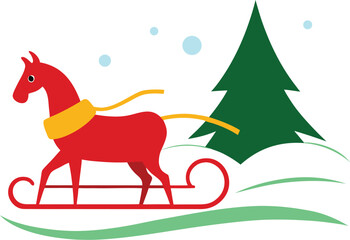Horse Drawn Sleigh Ride Scene in Snowy Winter Landscape Vector Illustration