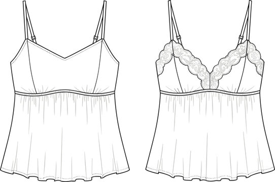 Camisole CAD drawing, fashion flat sketch with lace trim, flared hem, V-neckline, thin straps, lingerie top vector illustration