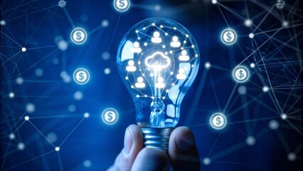 A hand holds a glowing light bulb symbolizing innovative ideas in finance and technology. The background showcases digital connections with currency symbols and icons representing networking.