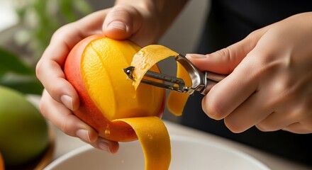 Close-up of hands peeling a ripe mango with a peeler showing the vibrant colors and texture in