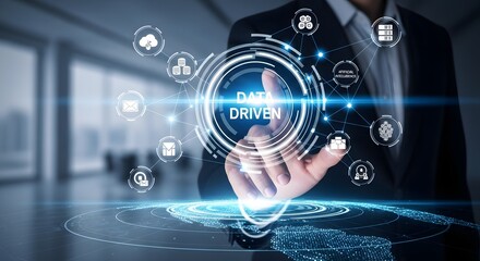 Businessman interacting with futuristic data driven technology interface