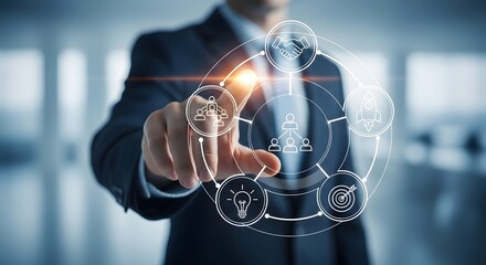 Businessman interacting with futuristic digital interface and global network connections