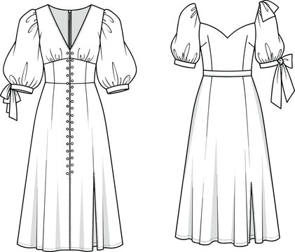 Fashion CAD sketch, two dress designs with puff sleeves, sweetheart and V-necklines, flared skirts, slit detail, vector illustration