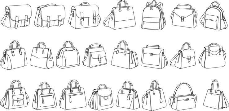 Handbag vector collection, fashion accessories clipart with satchels, totes, backpacks, shoulder bags, buckles, zippers, straps, stylish purse illustrations