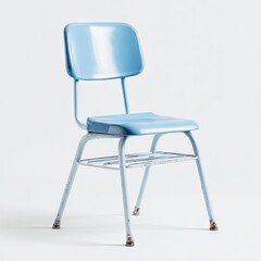 Light-blue, simple school chair with a metal frame and plastic seat and back. Shows slight wear
