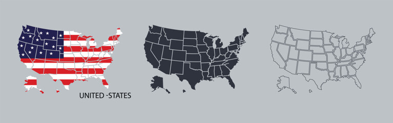 Set of United States maps in flag design, dark silhouette, and outlined style with state borders. Ideal for education, travel, and patriotic themes. High-quality vector for versatile use.