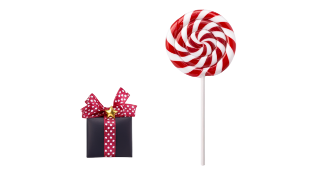 Red and white swirl lollipop and gift box with polka dot ribbon