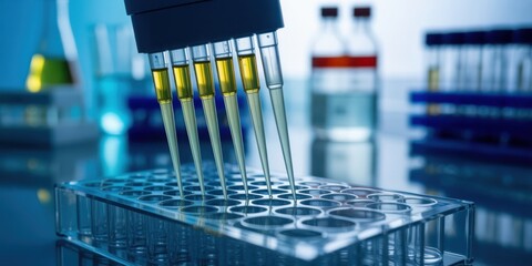 Medical Lab Research - A multi-channel pipette dispensing liquid into a microtiter plate, symbolizing lab research and scientific experiments