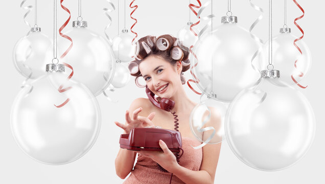 Happy Christmas Woman with vintage Phone. Advertising Banner for Holiday Shopping and Festive Gifts Ideas - Powered by Adobe