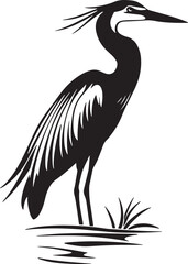 Obraz premium Elegant Great Blue Heron Silhouette Standing Gracefully in Water with Reed Grass A Stunning Minimalist Vector Illustration for Wildlife and Nature Enthusiasts