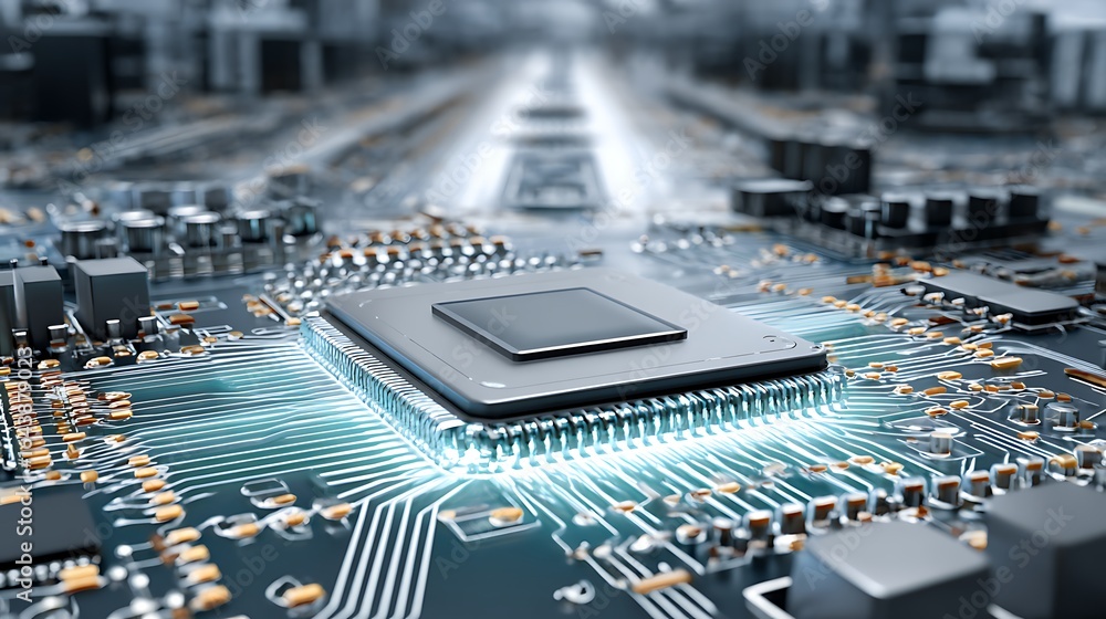 Poster exploring the intricate design of a modern microprocessor on a circuit board