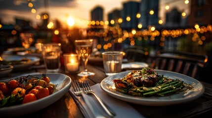 Elegant rooftop dinner table set at sunset with city lights, perfect for restaurant promo, romantic date content