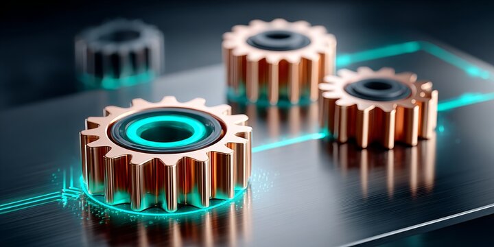 Icono de automatizaci&oacute;n formado por engranajes entrelazados resaltando un dise&ntilde;o moderno y futurista