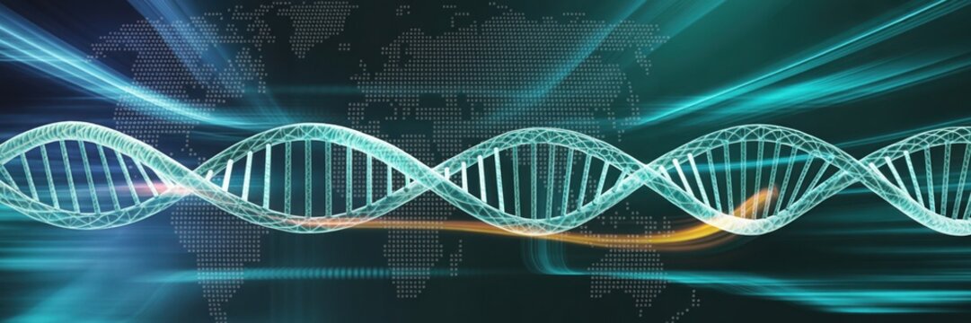 Global DNA Research - A glowing DNA double helix with a world map in the background, symbolizing global genetic research and medical science - Powered by Adobe