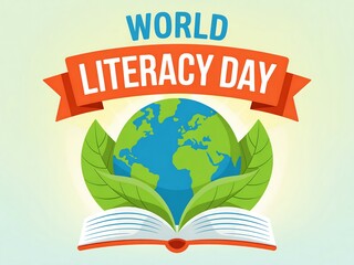 World literacy day celebrated with earth embraced by leaves and open book