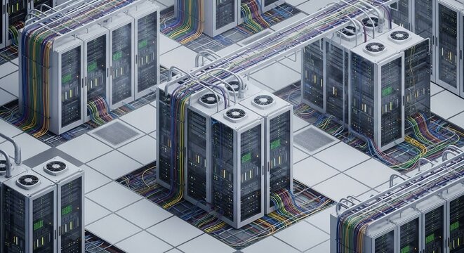 High-angle view of a vast server room, showcasing interconnected racks of servers and a complex network of cables, illustrating the intricate infrastructure of modern data centers. - Powered by Adobe