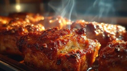 Glazed pork belly bites with herbs on dark plate, close-up shot with warm light.