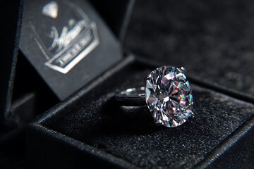 Captivating oval diamond engagement ring sparkles brilliantly inside luxurious velvet box,...