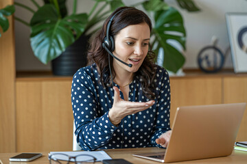 A dynamic professional engaged in a virtual meeting, using a headset to converse, while the laptop and plant in the background