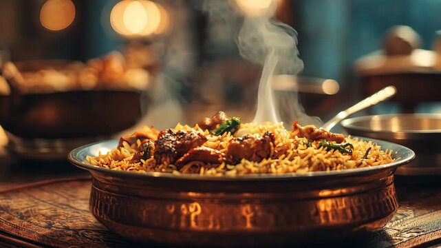 Delicious steaming hot mutton biryani served on a bowl with aromatic steam, Traditional Cuisine in 4K motion video.