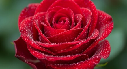 Crimson blossom: Close-up of a scarlet rose illuminated by dewdrops against soft background
