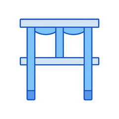 Simple blue wooden structure with two white panels and curtains