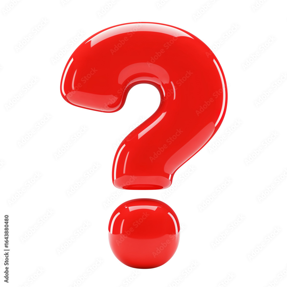 Poster glossy red question mark symbol isolated on transparent background representing inquiry and uncertai