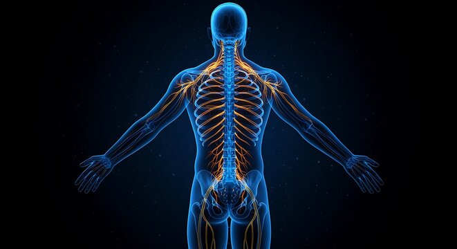 Detailed illustration of the human spinal cord and nervous system highlighting the intricate network of nerves and their connection to the body