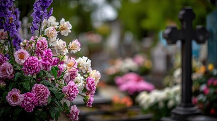 Obraz premium A cemetery with purple and white flowers and a dark cross in the background