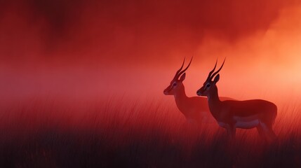Two graceful antelopes stand in a misty landscape. The warm hues of the sky create a serene atmosphere. Perfect for nature-themed projects or wildlife art. AI