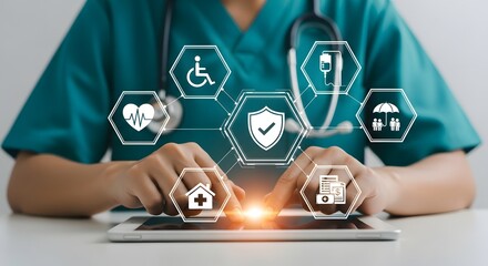 Healthcare professional interacting with digital medical icons on a tablet