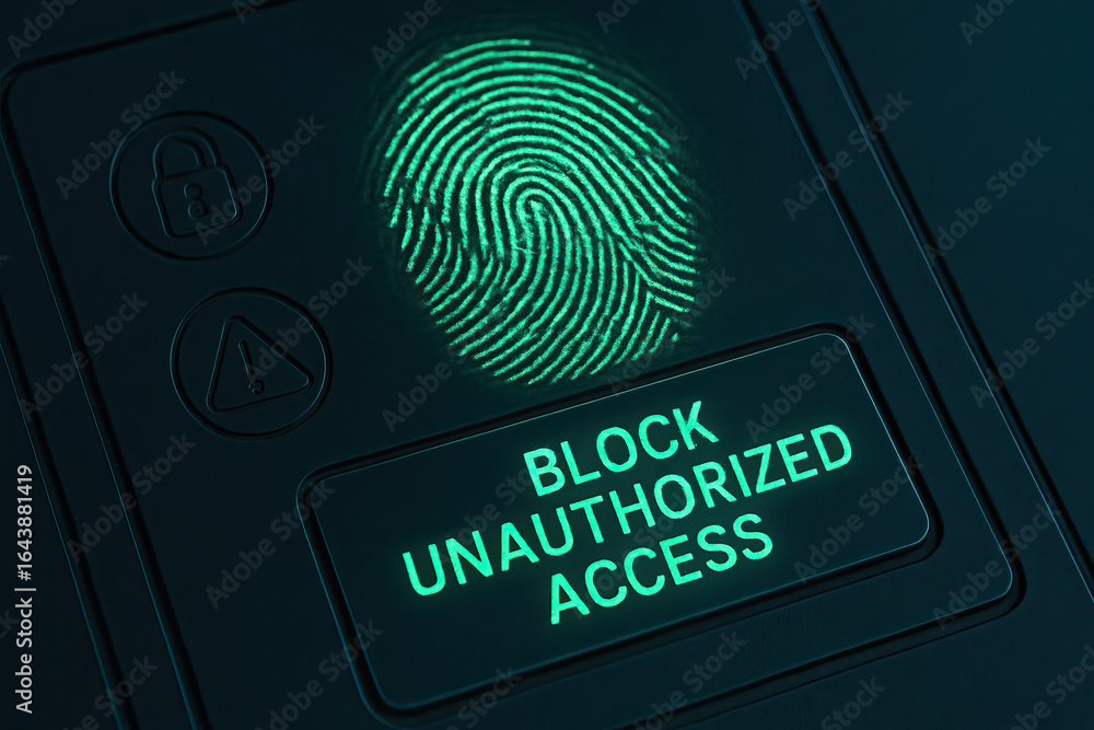 Poster fingerprint scanner with glowing green light and block unauthorized access message on black device p